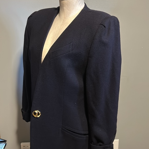 Oleg Cassini Vintage Navy collarless wool blazer single button size M/ L - Picture 3 of 16